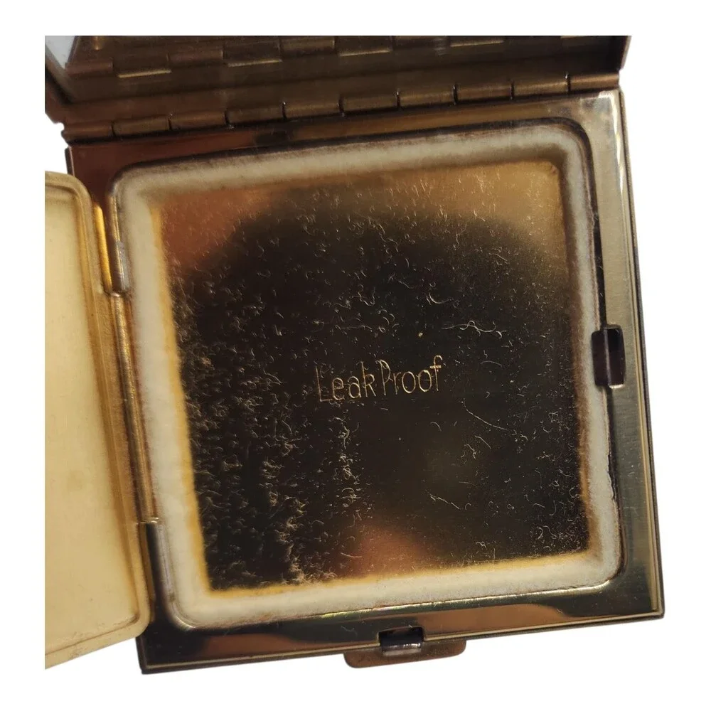 Vintage Volupte Black Gold Scroll Powder Compact Mirror Puff Unused Orig Card
